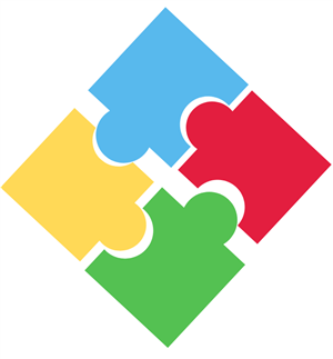 Four puzzle pieces in primary colors fitting together, symbolizing autism